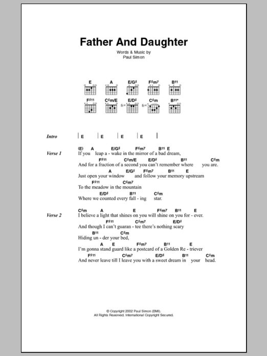 Paul Simon Father And Daughter Sheet Music Notes & Chords for Piano, Vocal & Guitar Chords (Right-Hand Melody) - Download or Print PDF