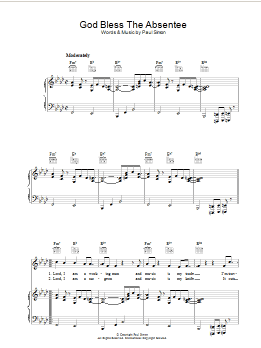 Paul Simon God Bless The Absentee Sheet Music Notes & Chords for Piano, Vocal & Guitar - Download or Print PDF