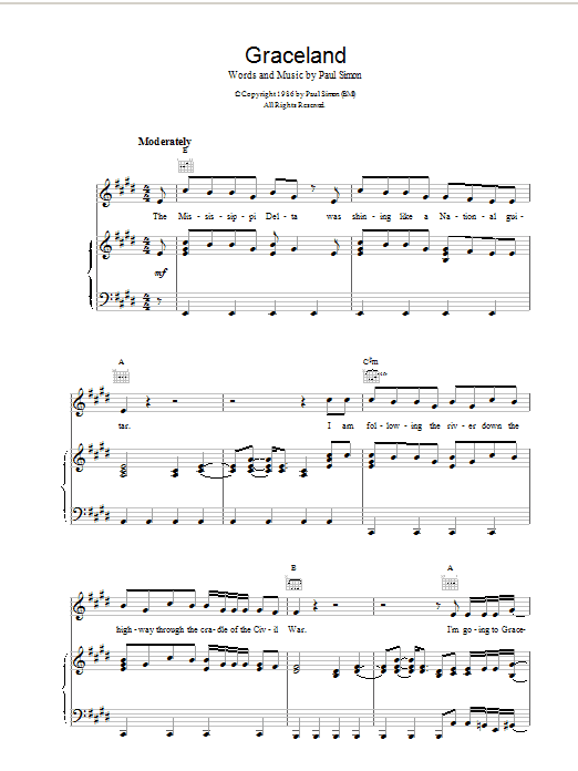 Paul Simon Graceland Sheet Music Notes & Chords for Melody Line, Lyrics & Chords - Download or Print PDF