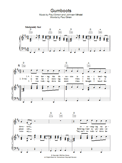 Paul Simon Gumboots Sheet Music Notes & Chords for Piano, Vocal & Guitar (Right-Hand Melody) - Download or Print PDF