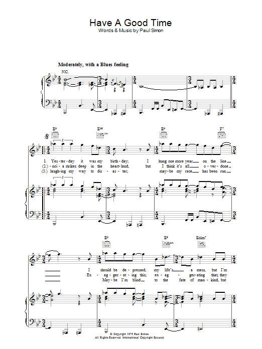 Paul Simon Have A Good Time Sheet Music Notes & Chords for Piano, Vocal & Guitar (Right-Hand Melody) - Download or Print PDF