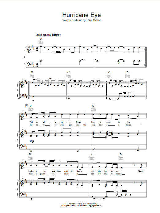 Paul Simon Hurricane Eye Sheet Music Notes & Chords for Piano, Vocal & Guitar (Right-Hand Melody) - Download or Print PDF