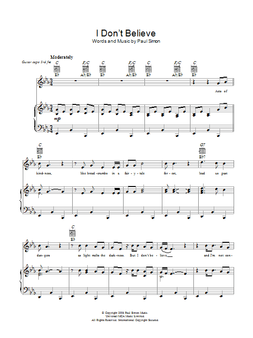 Paul Simon I Don't Believe Sheet Music Notes & Chords for Piano, Vocal & Guitar (Right-Hand Melody) - Download or Print PDF