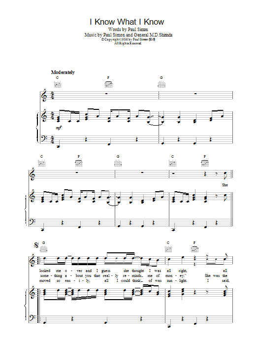 Paul Simon I Know What I Know Sheet Music Notes & Chords for Lyrics & Chords - Download or Print PDF