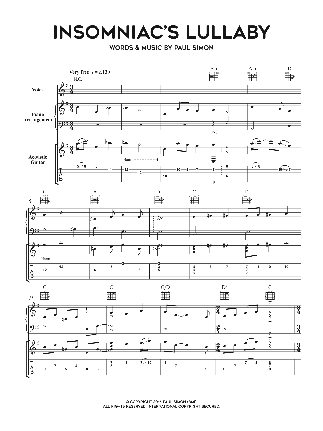 Paul Simon Insomniac's Lullaby Sheet Music Notes & Chords for Piano, Vocal & Guitar Tab - Download or Print PDF