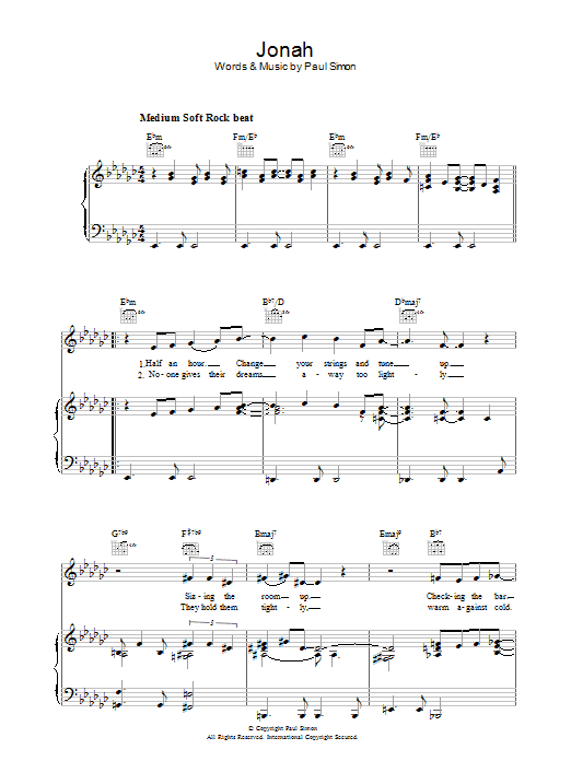 Paul Simon Jonah Sheet Music Notes & Chords for Piano, Vocal & Guitar (Right-Hand Melody) - Download or Print PDF