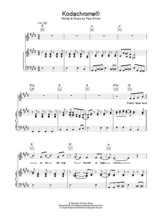 Paul Simon Kodachrome™ Sheet Music Notes & Chords for Easy Piano - Download or Print PDF