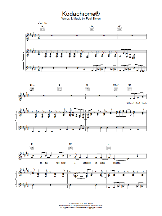 Paul Simon Kodachrome sheet music notes and chords. Download Printable PDF.