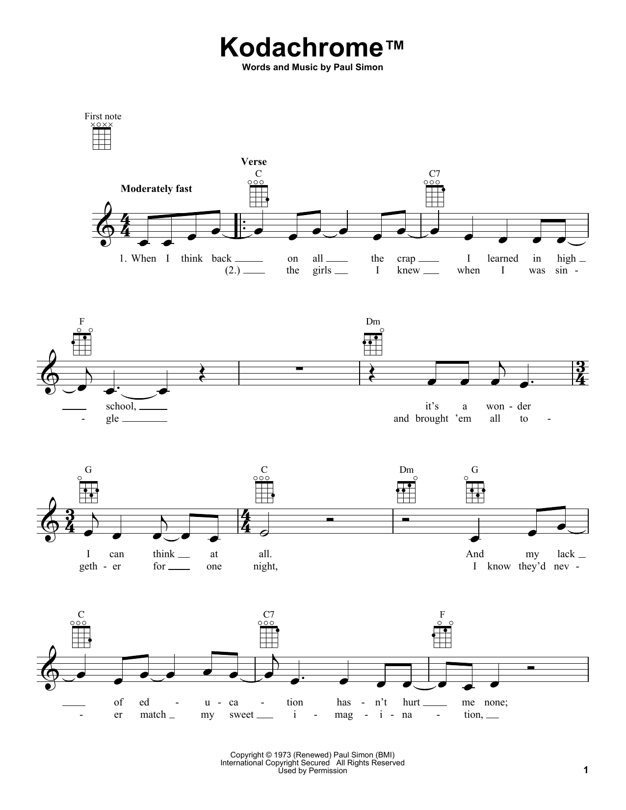 Paul Simon Kodachrome TM Sheet Music Notes & Chords for Ukulele - Download or Print PDF