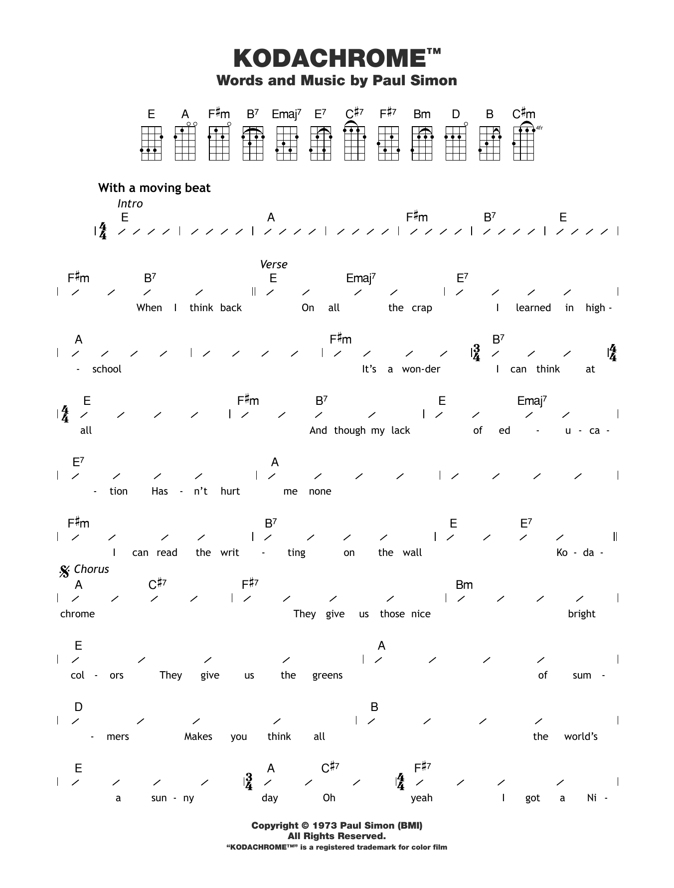 Paul Simon KodachromeTM Sheet Music Notes & Chords for Guitar Chords/Lyrics - Download or Print PDF