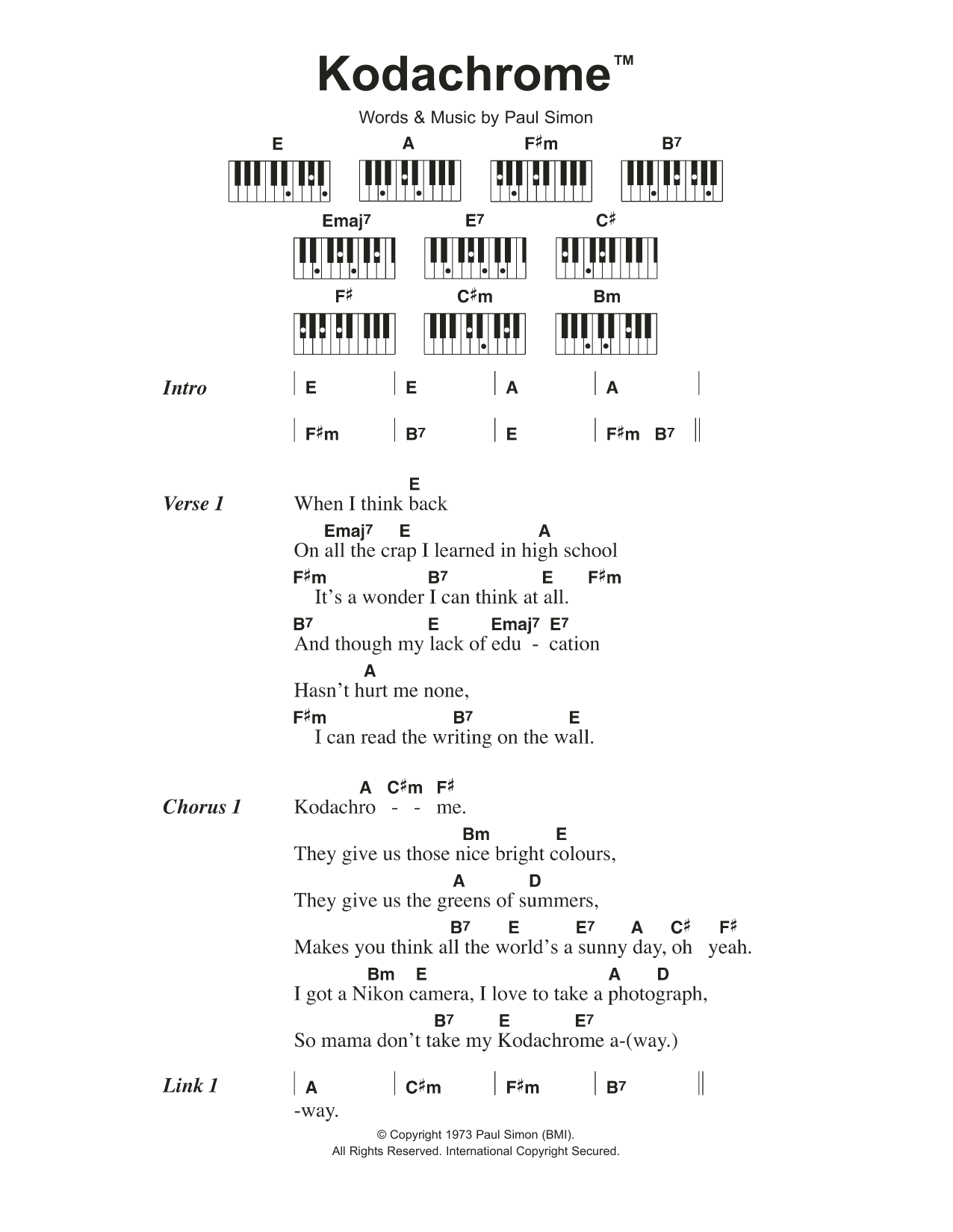 Paul Simon KodachromeTM Sheet Music Notes & Chords for Lyrics & Piano Chords - Download or Print PDF