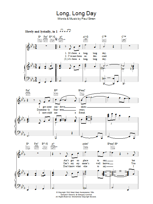 Paul Simon Long, Long Day Sheet Music Notes & Chords for Piano, Vocal & Guitar (Right-Hand Melody) - Download or Print PDF