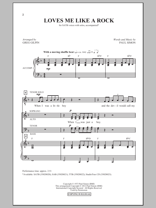 Paul Simon Loves Me Like A Rock (arr. Greg Gilpin) Sheet Music Notes & Chords for TTBB - Download or Print PDF