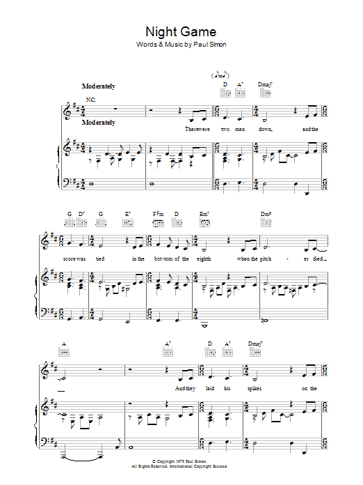 Paul Simon Night Game Sheet Music Notes & Chords for Piano, Vocal & Guitar (Right-Hand Melody) - Download or Print PDF