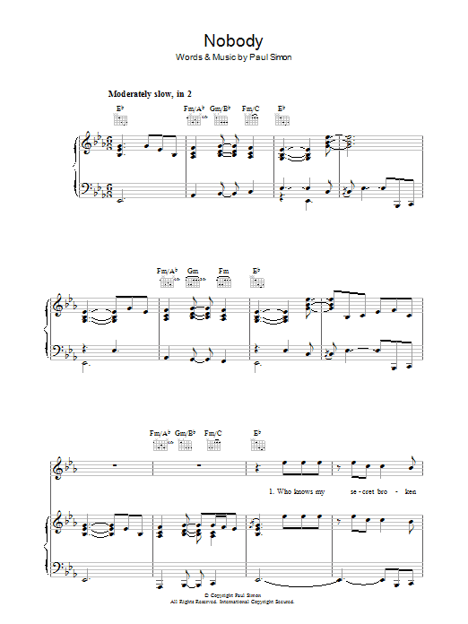 Paul Simon Nobody Sheet Music Notes & Chords for Piano, Vocal & Guitar (Right-Hand Melody) - Download or Print PDF