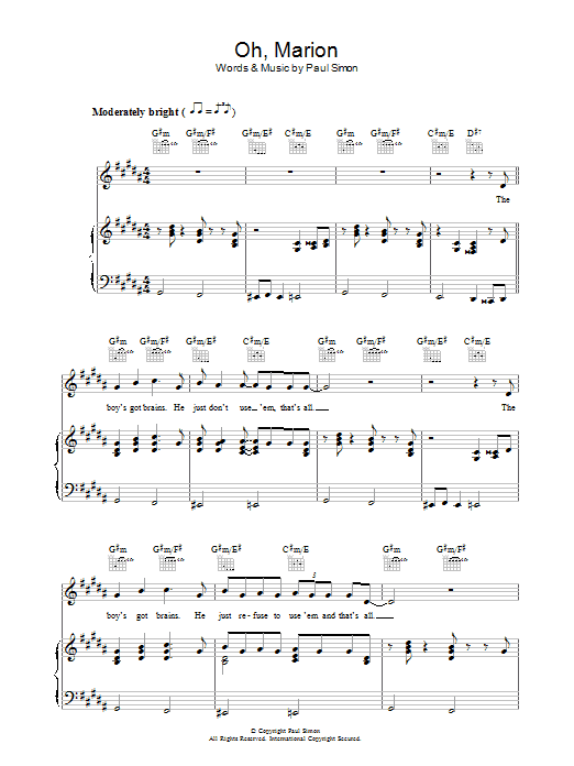 Paul Simon Oh, Marion Sheet Music Notes & Chords for Piano, Vocal & Guitar (Right-Hand Melody) - Download or Print PDF