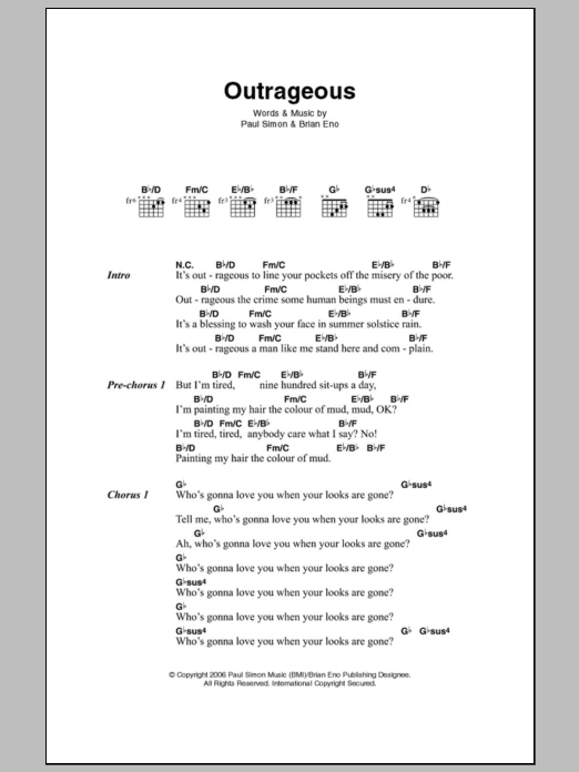 Paul Simon Outrageous Sheet Music Notes & Chords for Lyrics & Chords - Download or Print PDF