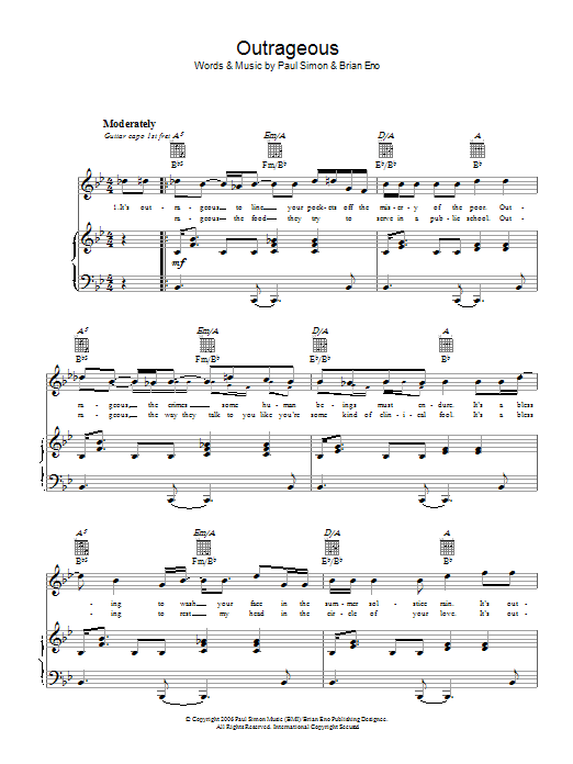Paul Simon Outrageous Sheet Music Notes & Chords for Piano, Vocal & Guitar - Download or Print PDF