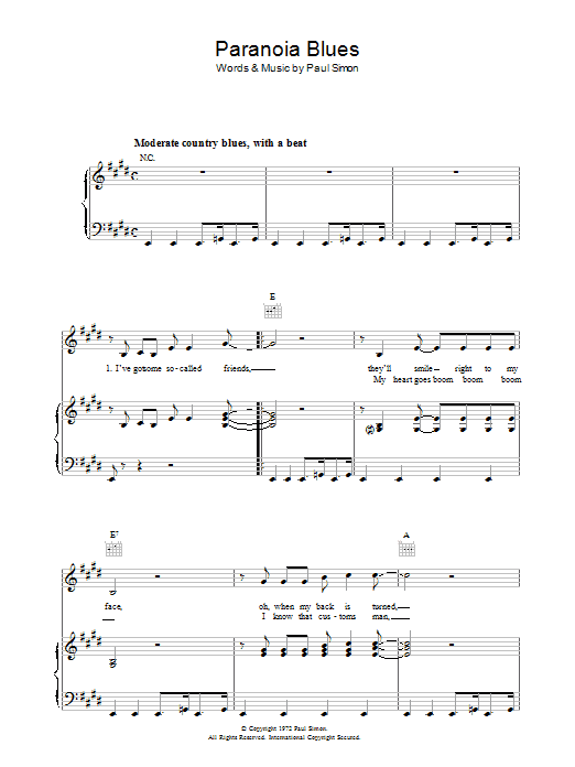 Paul Simon Paranoia Blues Sheet Music Notes & Chords for Piano, Vocal & Guitar (Right-Hand Melody) - Download or Print PDF