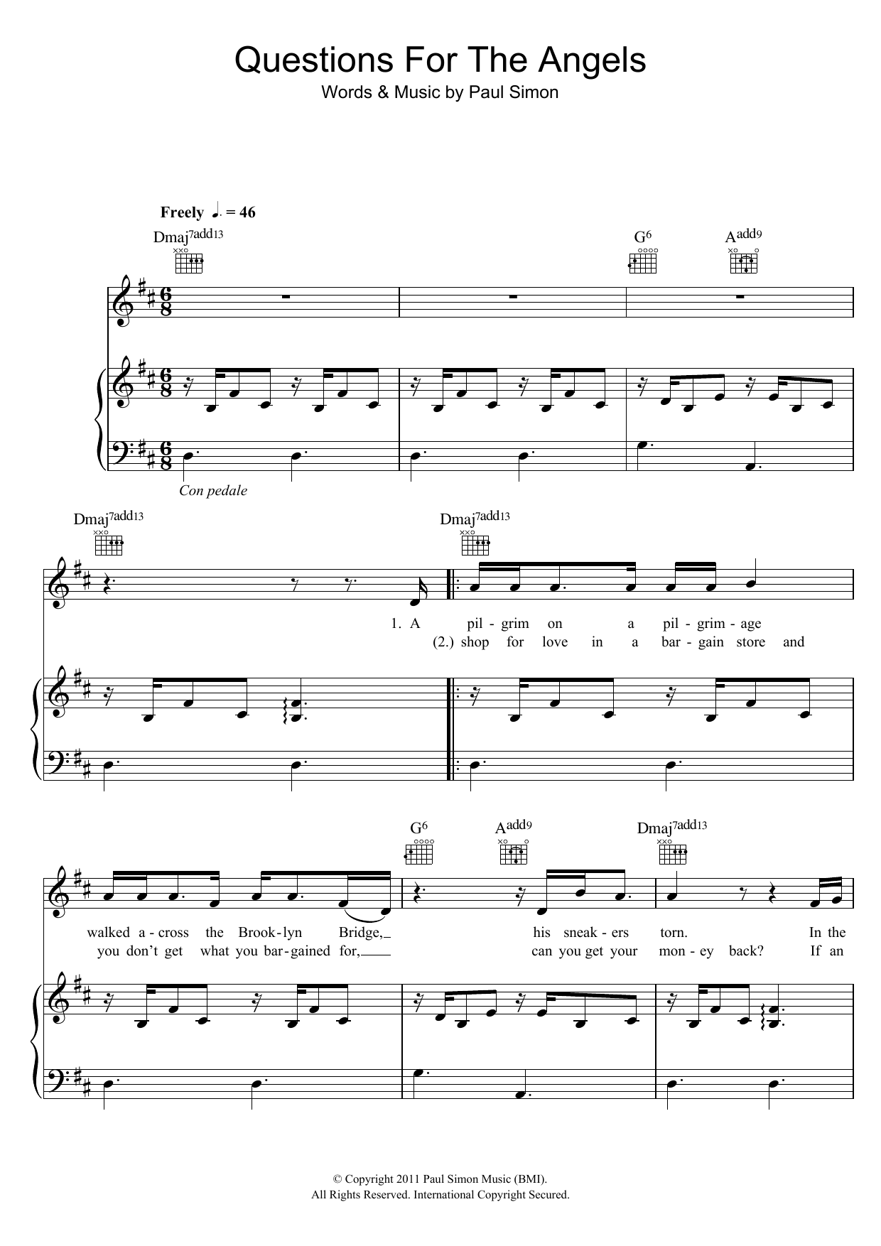Paul Simon Questions For The Angels Sheet Music Notes & Chords for Piano, Vocal & Guitar - Download or Print PDF