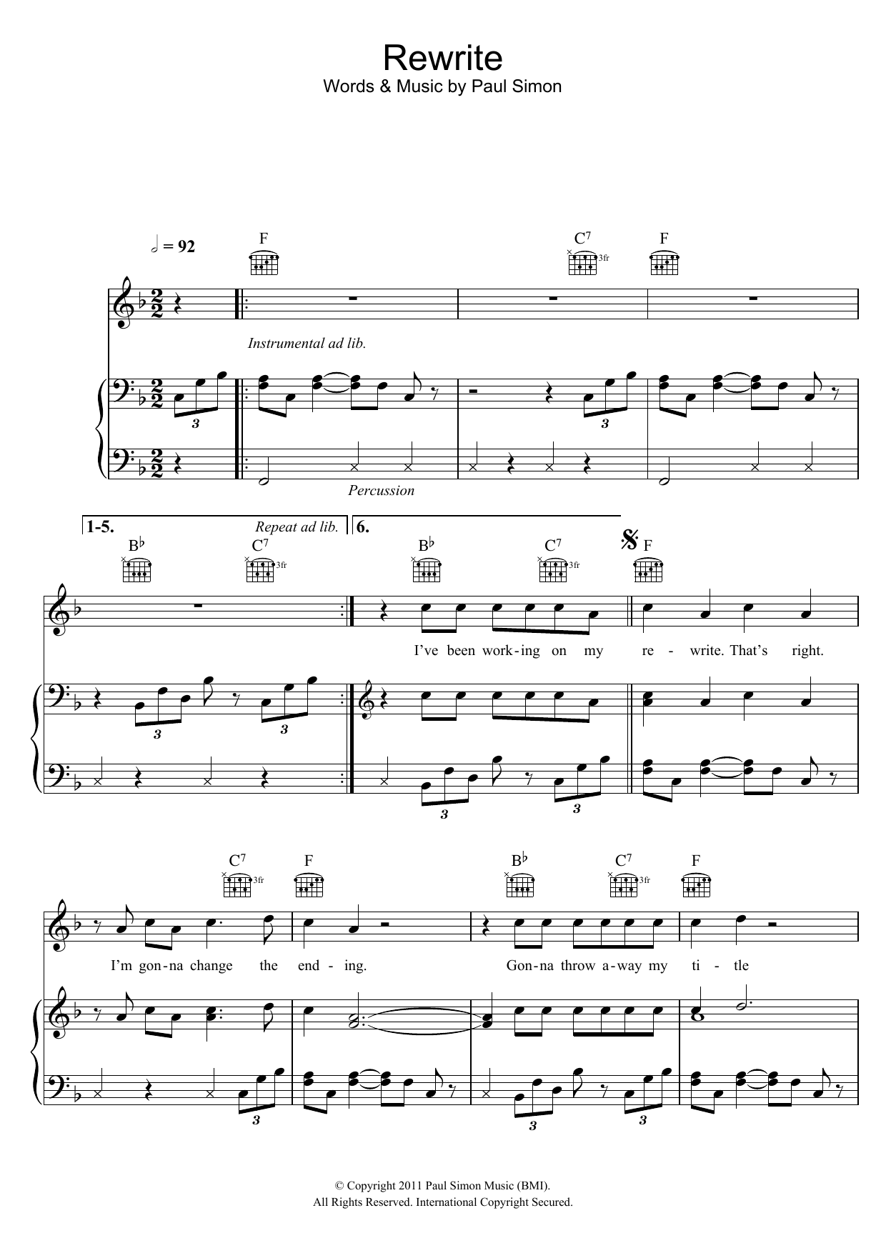 Paul Simon Rewrite Sheet Music Notes & Chords for Piano, Vocal & Guitar (Right-Hand Melody) - Download or Print PDF
