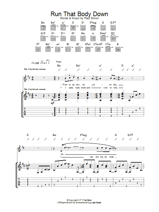 Paul Simon Run That Body Down Sheet Music Notes & Chords for Guitar Tab - Download or Print PDF