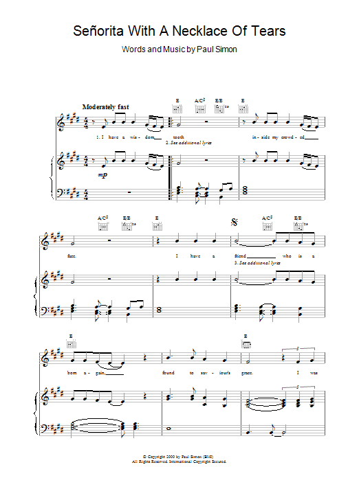 Paul Simon Señorita with a Necklace of Tears Sheet Music Notes & Chords for Piano, Vocal & Guitar (Right-Hand Melody) - Download or Print PDF