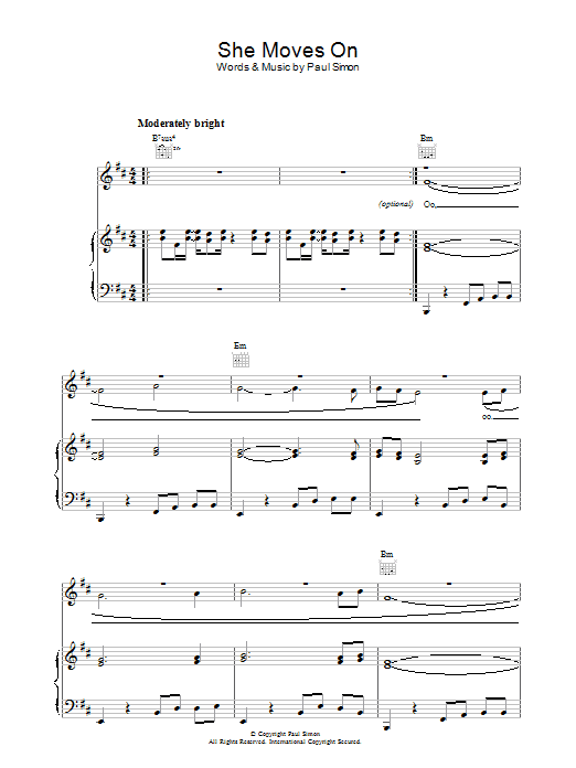 Paul Simon She Moves On Sheet Music Notes & Chords for Piano, Vocal & Guitar (Right-Hand Melody) - Download or Print PDF