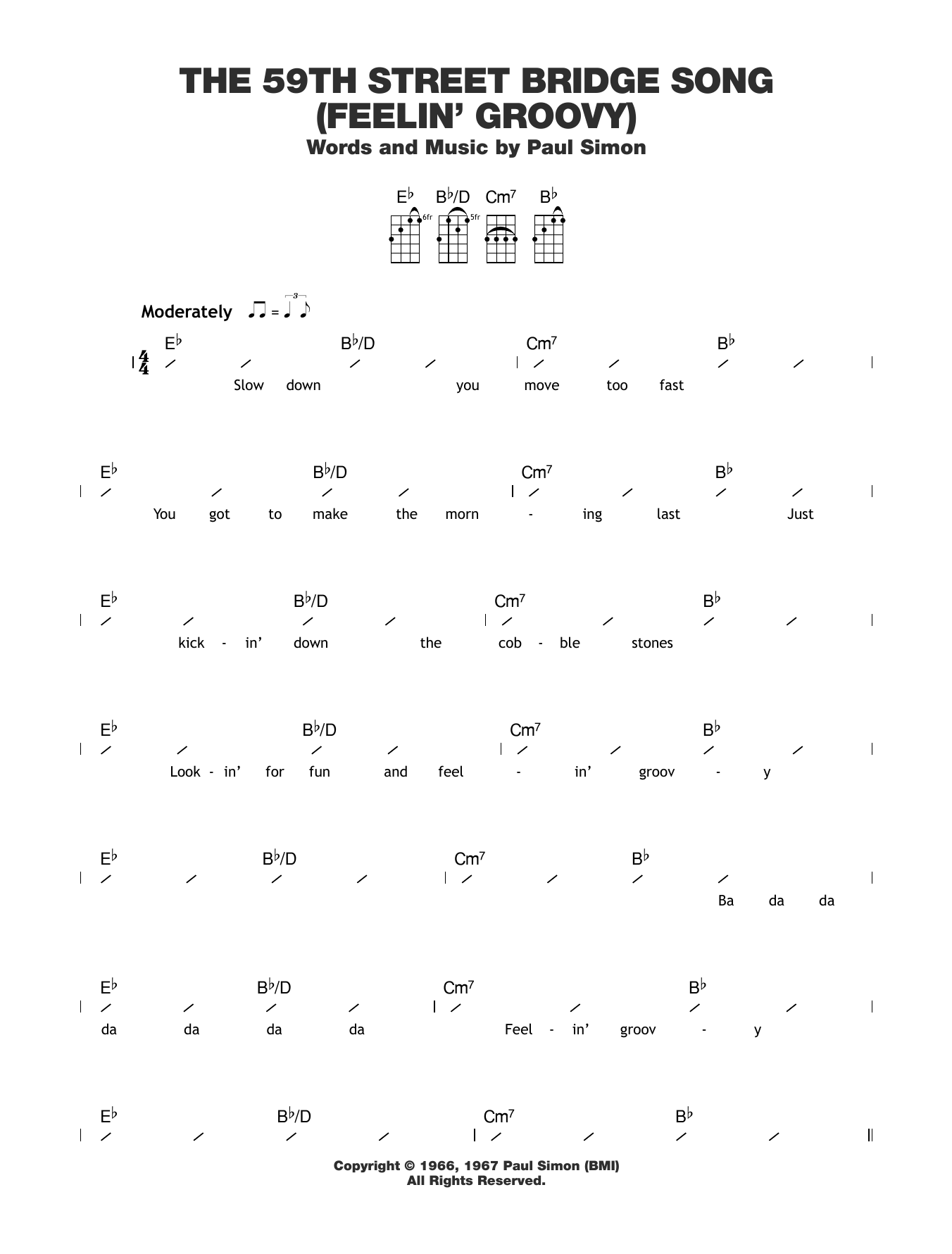 Paul Simon The 59th Street Bridge Song (Feelin' Groovy) Sheet Music Notes & Chords for Ukulele with strumming patterns - Download or Print PDF