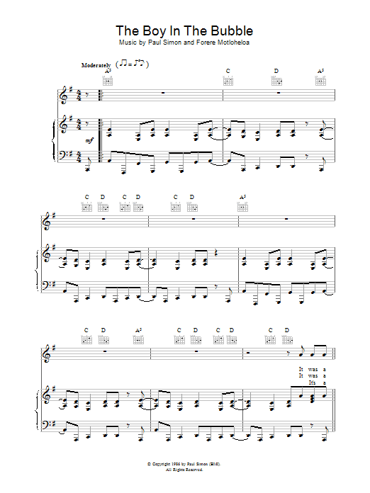 Paul Simon The Boy In The Bubble Sheet Music Notes & Chords for Lyrics & Piano Chords - Download or Print PDF