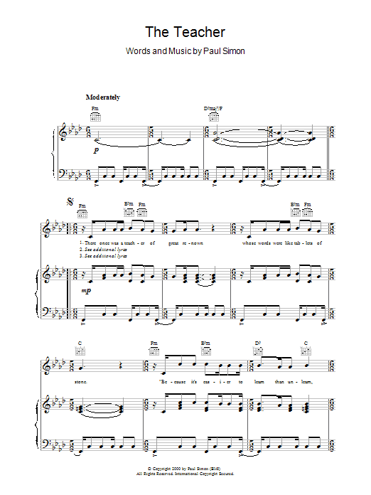 Paul Simon The Teacher Sheet Music Notes & Chords for Piano, Vocal & Guitar (Right-Hand Melody) - Download or Print PDF