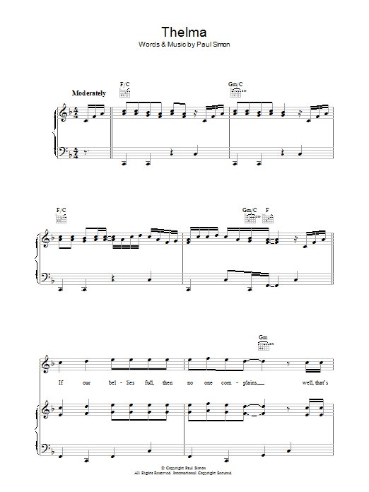 Paul Simon Thelma Sheet Music Notes & Chords for Piano, Vocal & Guitar (Right-Hand Melody) - Download or Print PDF