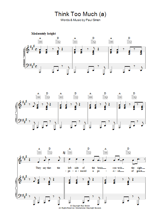 Paul Simon Think Too Much (a) Sheet Music Notes & Chords for Piano, Vocal & Guitar - Download or Print PDF