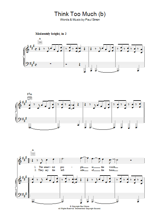 Paul Simon Think Too Much (b) Sheet Music Notes & Chords for Piano, Vocal & Guitar - Download or Print PDF