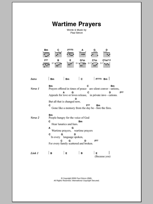 Paul Simon Wartime Prayers Sheet Music Notes & Chords for Lyrics & Chords - Download or Print PDF