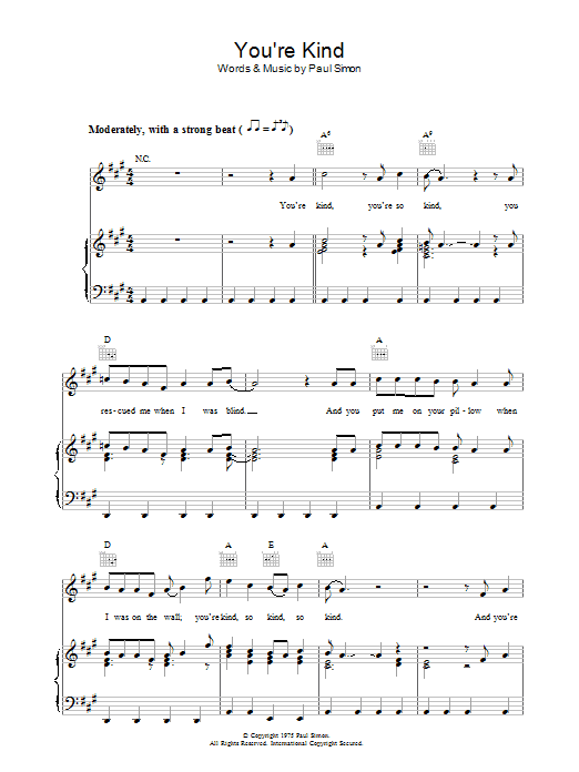 Paul Simon You're Kind Sheet Music Notes & Chords for Piano, Vocal & Guitar (Right-Hand Melody) - Download or Print PDF