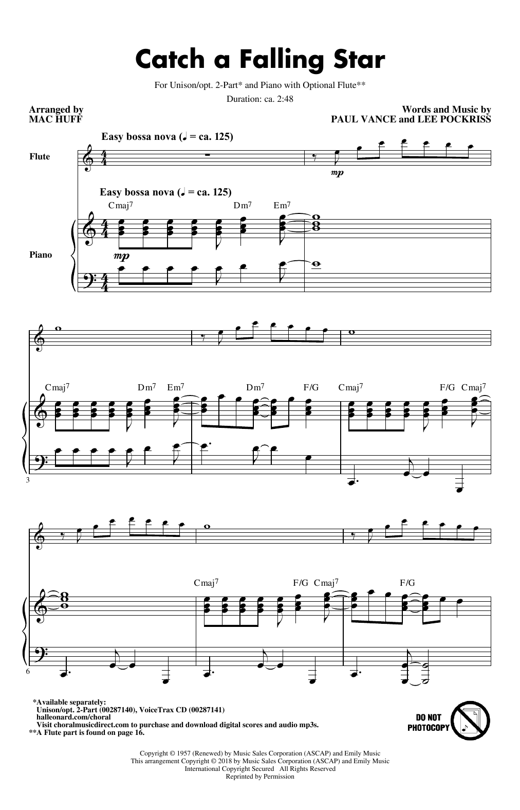 Paul Vance & Lee Pockriss Catch A Falling Star (arr. Mac Huff) Sheet Music Notes & Chords for Unison Choral - Download or Print PDF