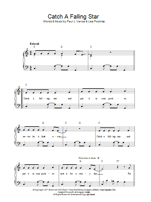 Paul Vance Catch A Falling Star Sheet Music Notes & Chords for Piano & Vocal - Download or Print PDF