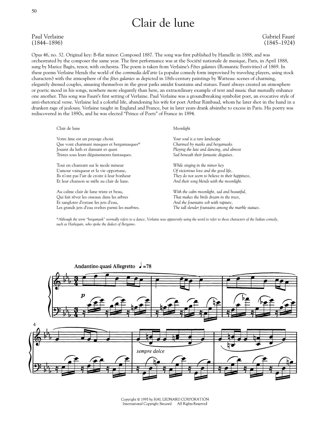 Paul Verlaine Clair De Lune Sheet Music Notes & Chords for Piano & Vocal - Download or Print PDF