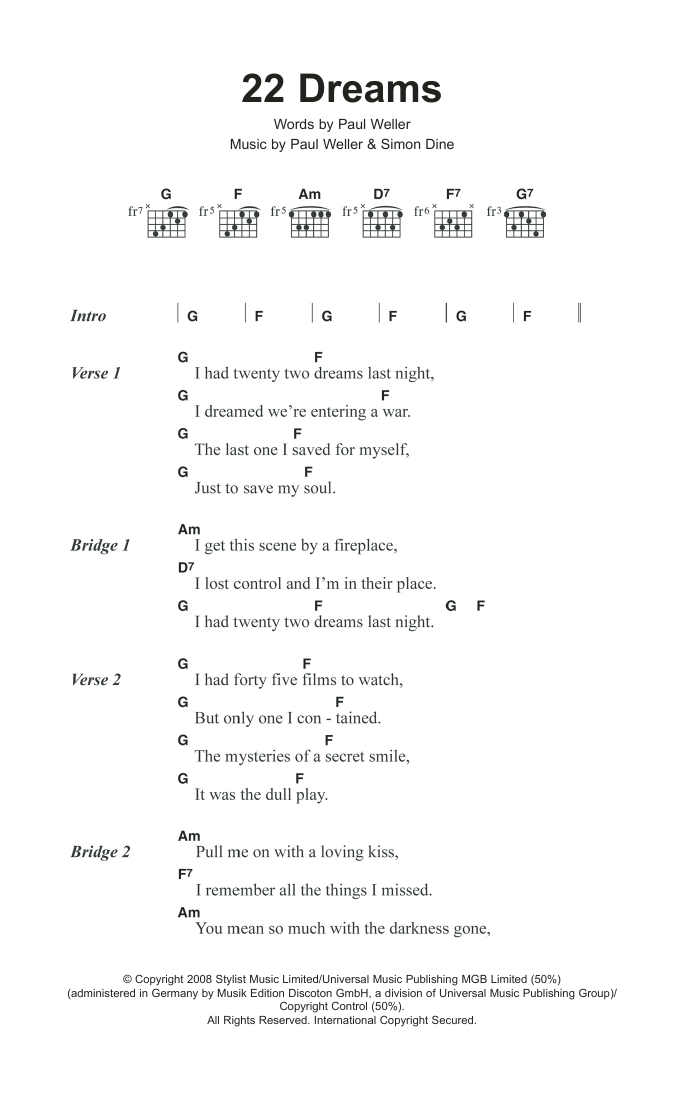 Paul Weller 22 Dreams Sheet Music Notes & Chords for Lyrics & Chords - Download or Print PDF