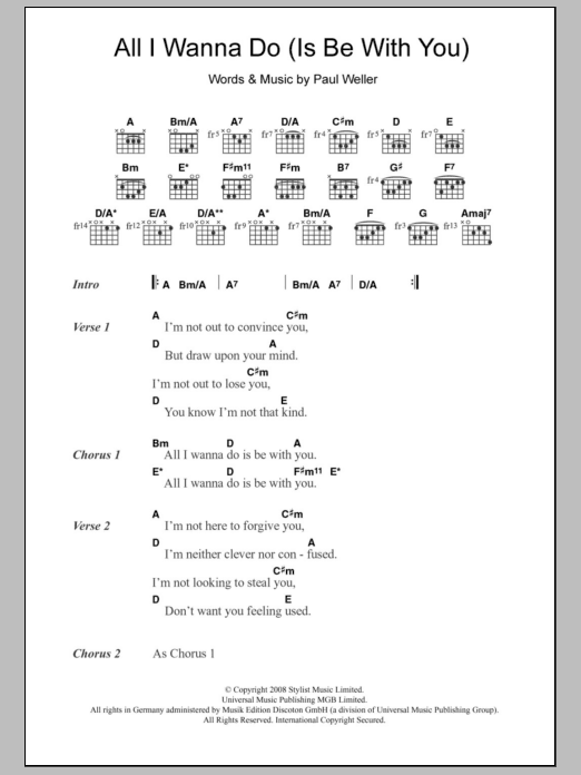 Paul Weller All I Wanna Do (Is Be With You) Sheet Music Notes & Chords for Lyrics & Chords - Download or Print PDF