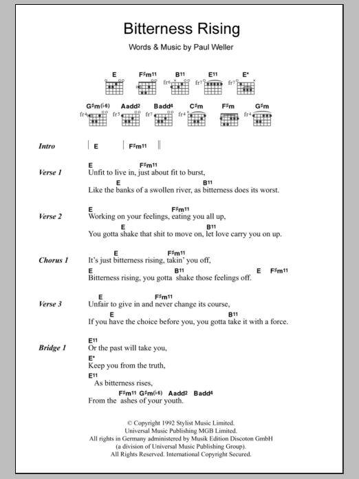 Paul Weller Bitterness Rising Sheet Music Notes & Chords for Lyrics & Chords - Download or Print PDF