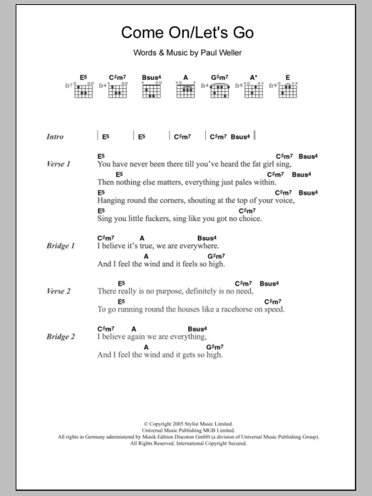 Paul Weller Come On/Let's Go Sheet Music Notes & Chords for Lyrics & Chords - Download or Print PDF