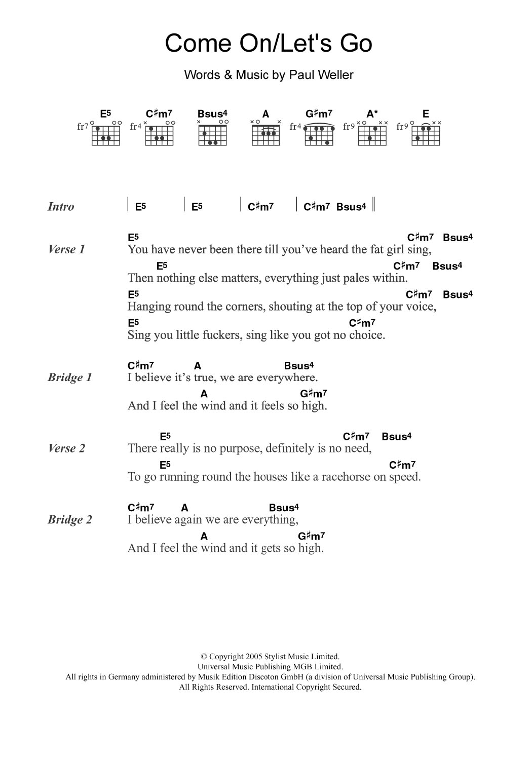 Paul Weller Come On/Let's Go Sheet Music Notes & Chords for Lyrics & Chords - Download or Print PDF