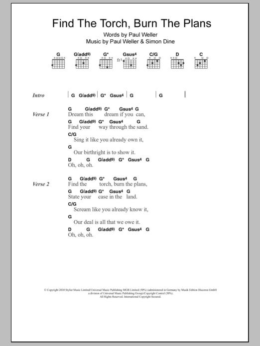 Paul Weller Find The Torch, Burn The Plans Sheet Music Notes & Chords for Lyrics & Chords - Download or Print PDF