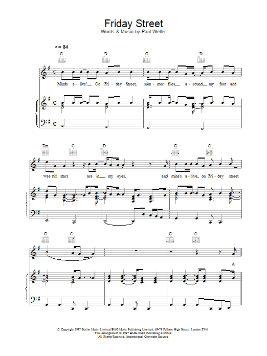 Paul Weller Friday Street Sheet Music Notes & Chords for Lyrics & Chords - Download or Print PDF