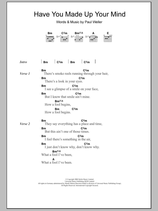 Paul Weller Have You Made Up Your Mind Sheet Music Notes & Chords for Lyrics & Chords - Download or Print PDF