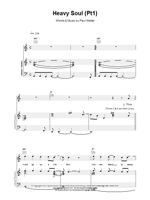 Paul Weller Heavy Soul (Pt1) Sheet Music Notes & Chords for Piano, Vocal & Guitar (Right-Hand Melody) - Download or Print PDF