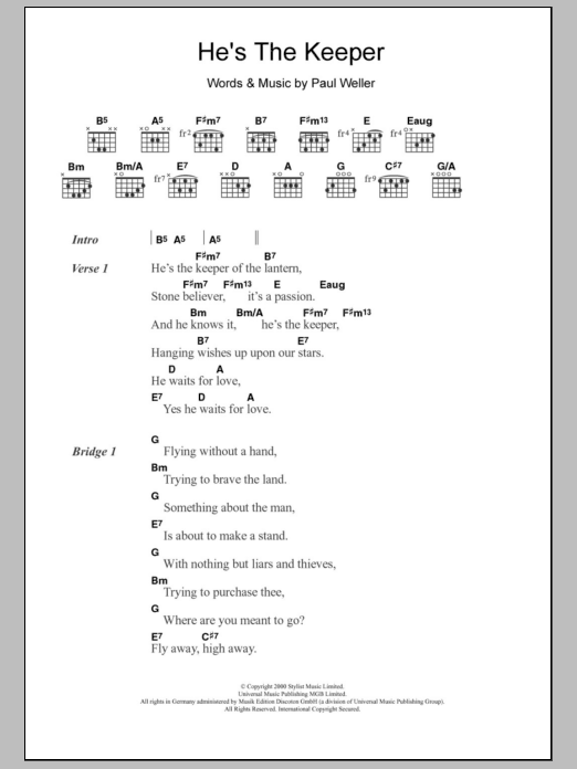 Paul Weller He's The Keeper Sheet Music Notes & Chords for Lyrics & Chords - Download or Print PDF