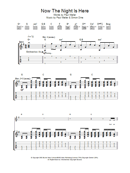 Paul Weller Now The Night Is Here Sheet Music Notes & Chords for Melody Line, Lyrics & Chords - Download or Print PDF